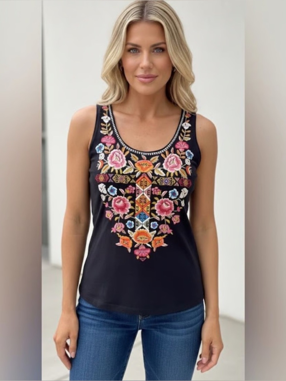 Johnny Was Mazzy Embroidered Tank Top Black Floral Boho Sleeveless Size S